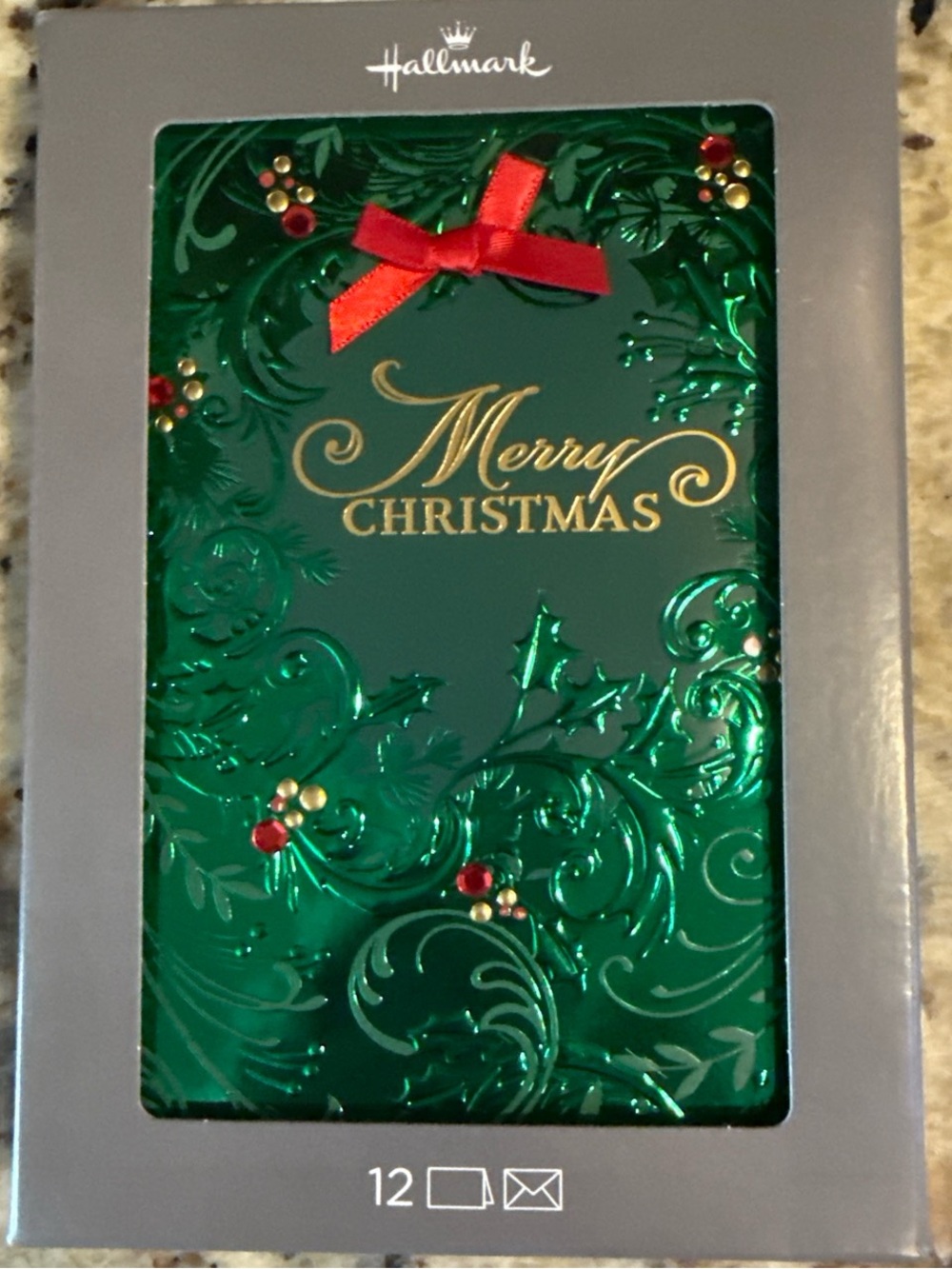 Hallmark Green Foil Merry Christmas Cards with Red Bow Accents